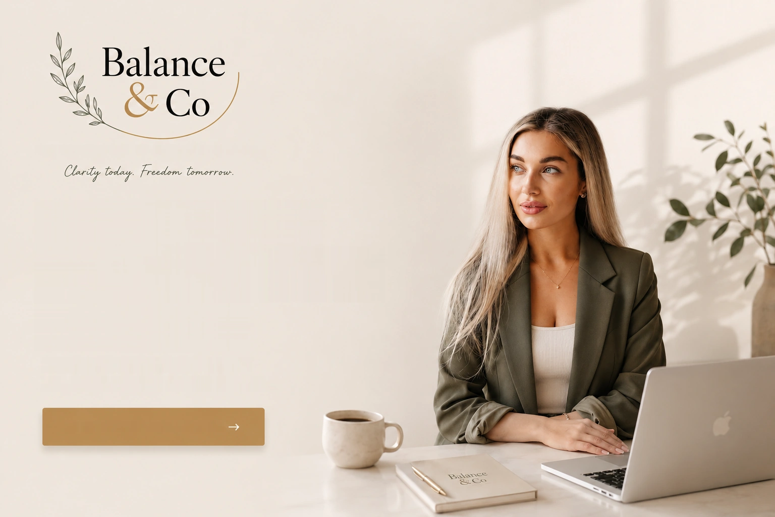 Bookkeeper at a bright desk with laptop and coffee — Balance & Co, Washington State.