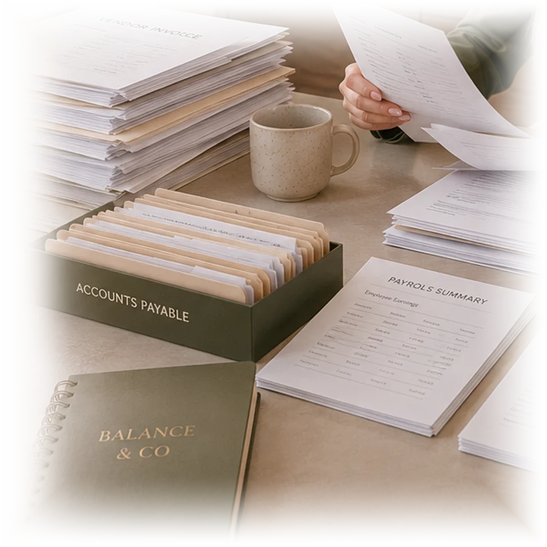 Organized accounts payable folders, payroll summary and bank reconciliation printouts on a desk.